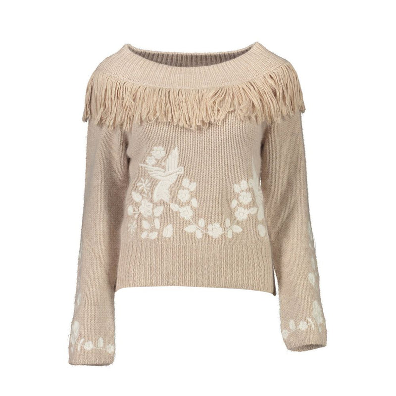 Blugirl Beige Wool Sweater with High Collar and Embroidery