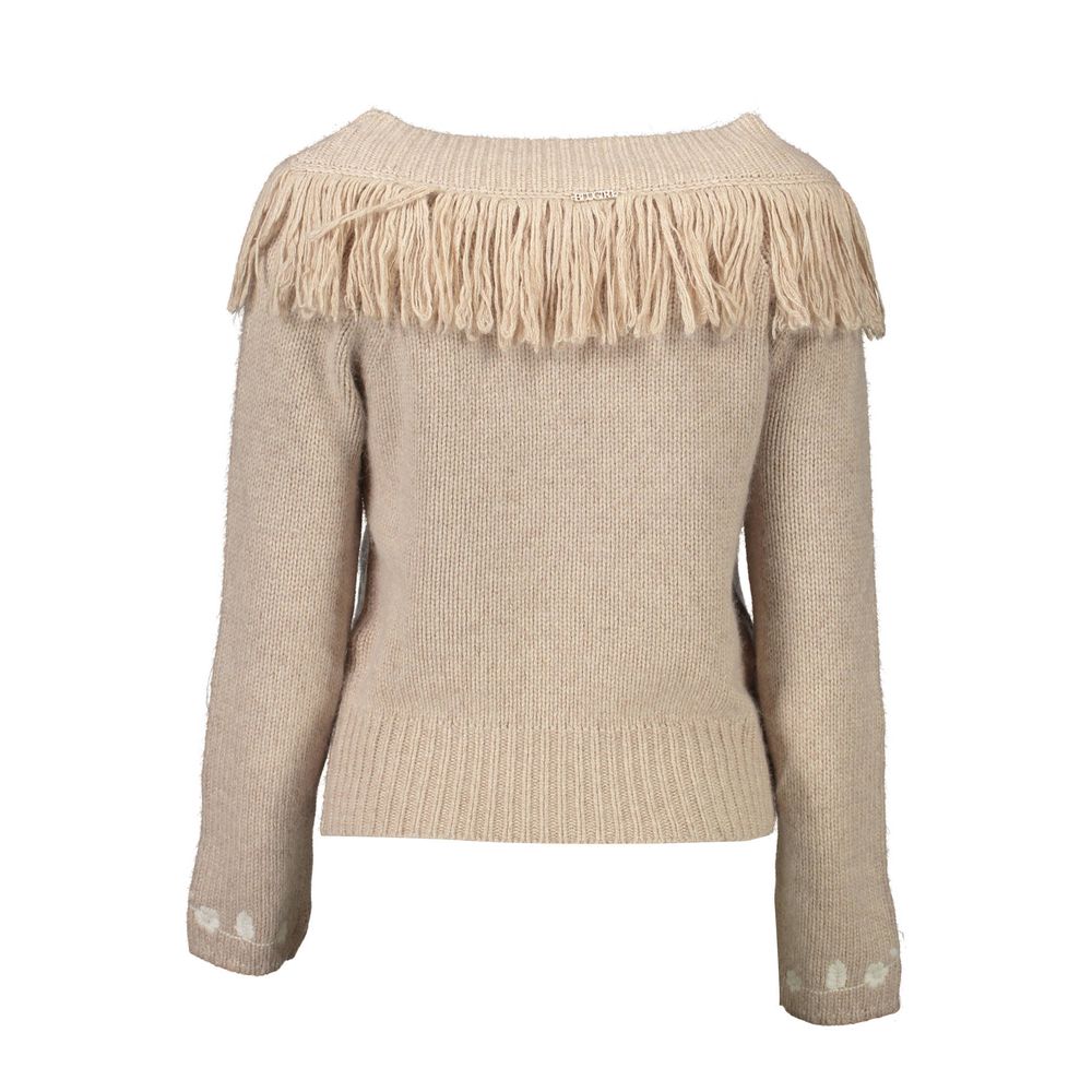 Pull en Laine Beige Blugirl avec Col Haut et Broderie