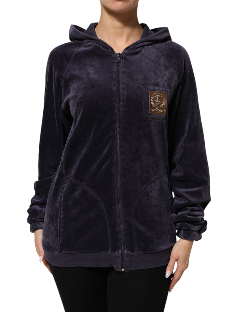 Cavalli Class Purple Cotton Blend Velvet Zip-Up Hoodie Sweatshirt