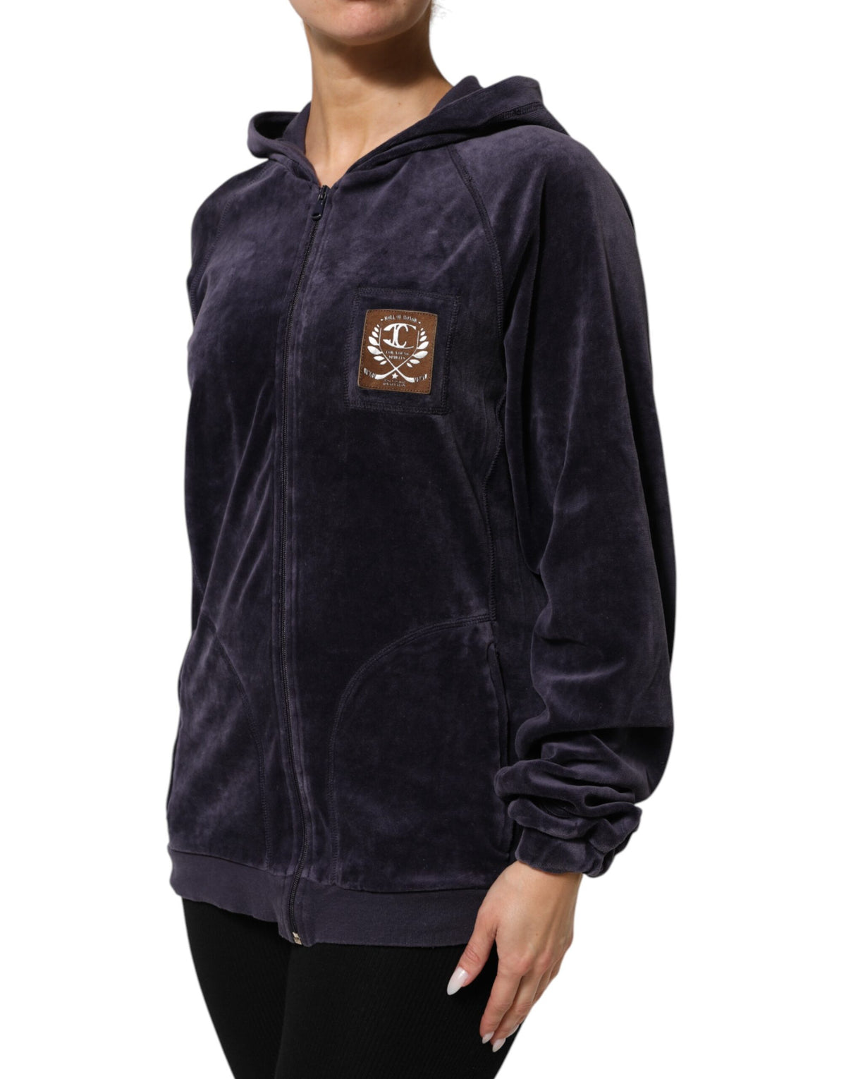 Cavalli Class Purple Cotton Blend Velvet Zip-Up Hoodie Sweatshirt