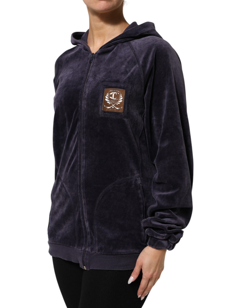 Cavalli Class Purple Cotton Blend Velvet Zip-Up Hoodie Sweatshirt
