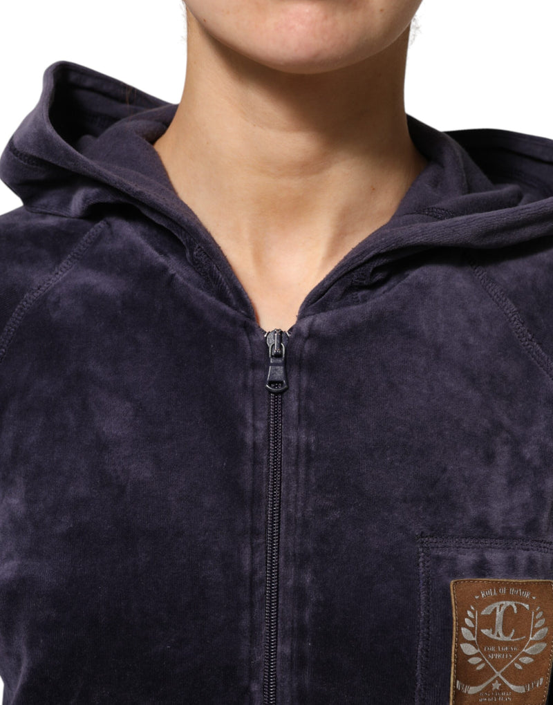 Cavalli Class Purple Cotton Blend Velvet Zip-Up Hoodie Sweatshirt