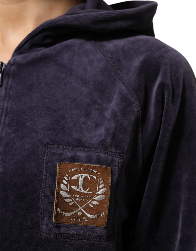 Cavalli Class Purple Cotton Blend Velvet Zip-Up Hoodie Sweatshirt