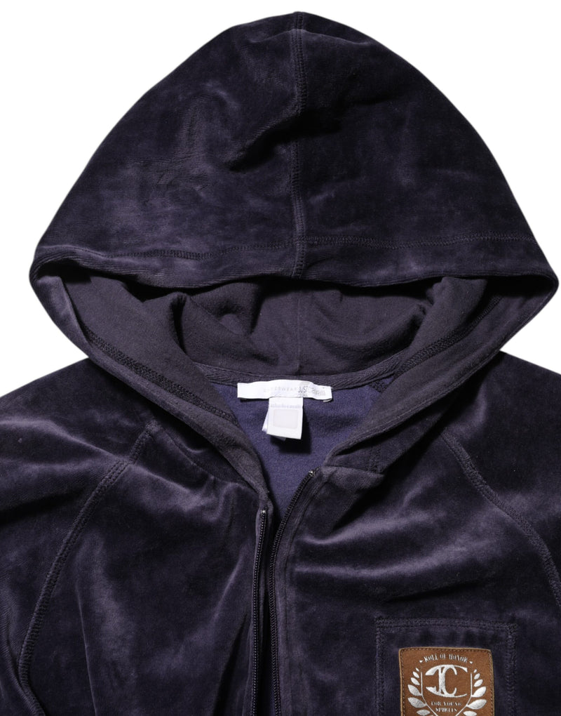 Cavalli Class Purple Cotton Blend Velvet Zip-Up Hoodie Sweatshirt