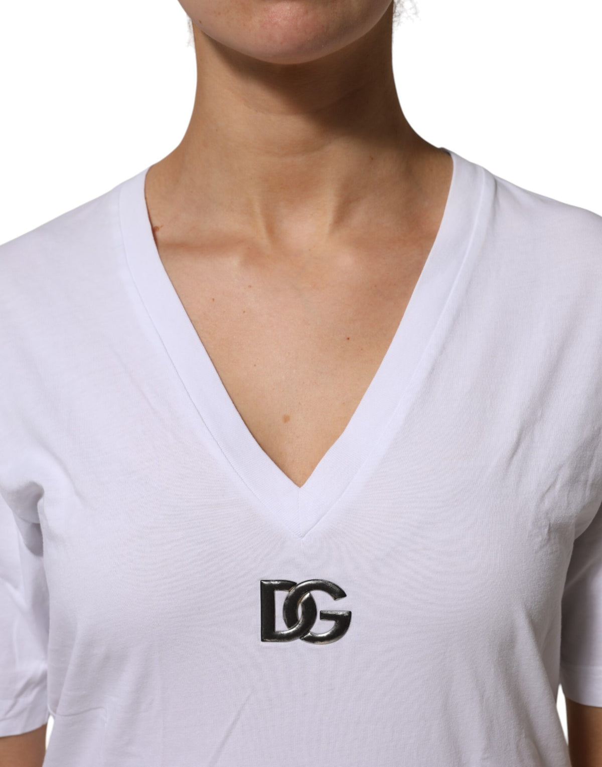 Dolce & Gabbana T-Shirt Femme V-Neck Blanc en Coton