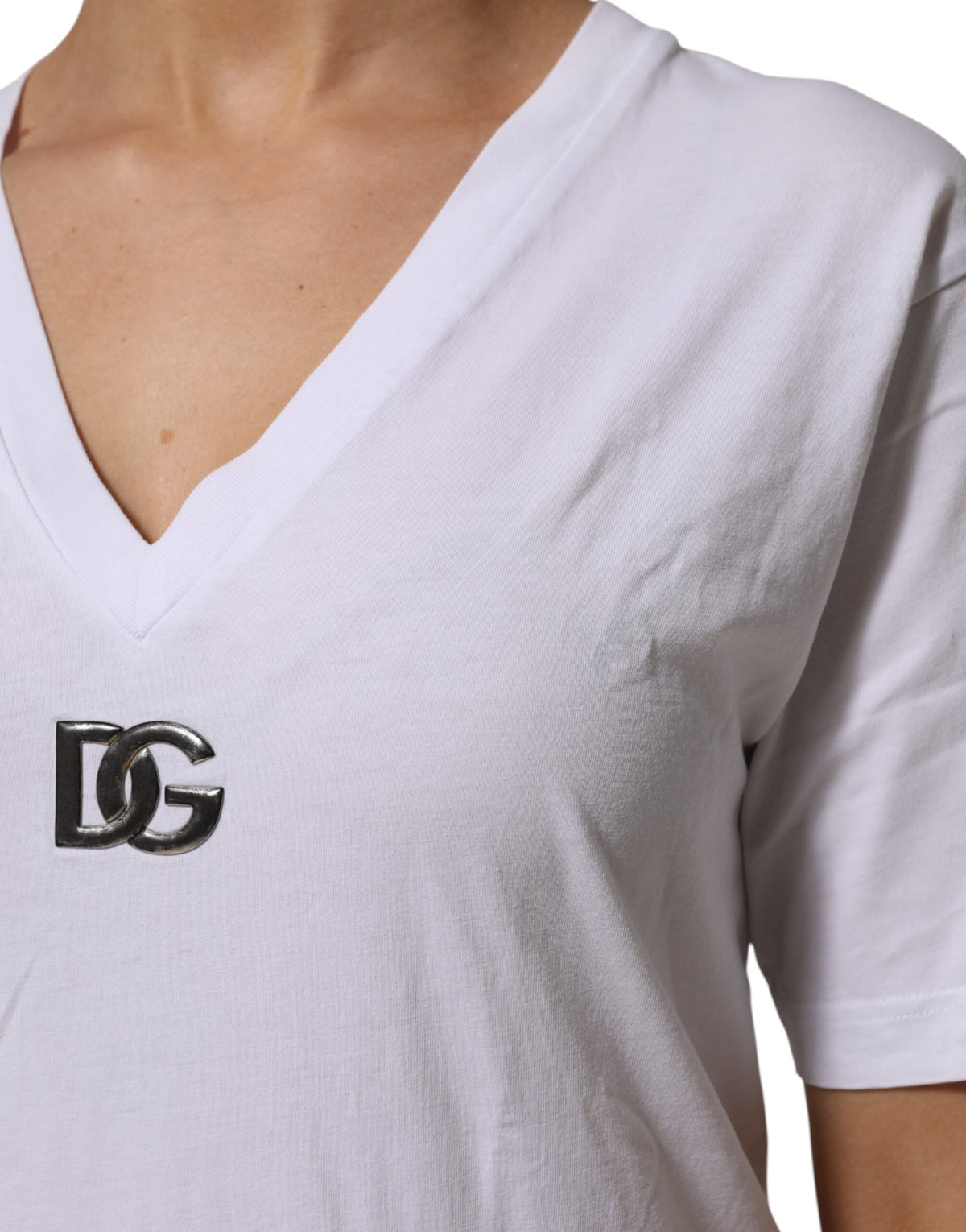 Dolce & Gabbana T-Shirt Femme V-Neck Blanc en Coton