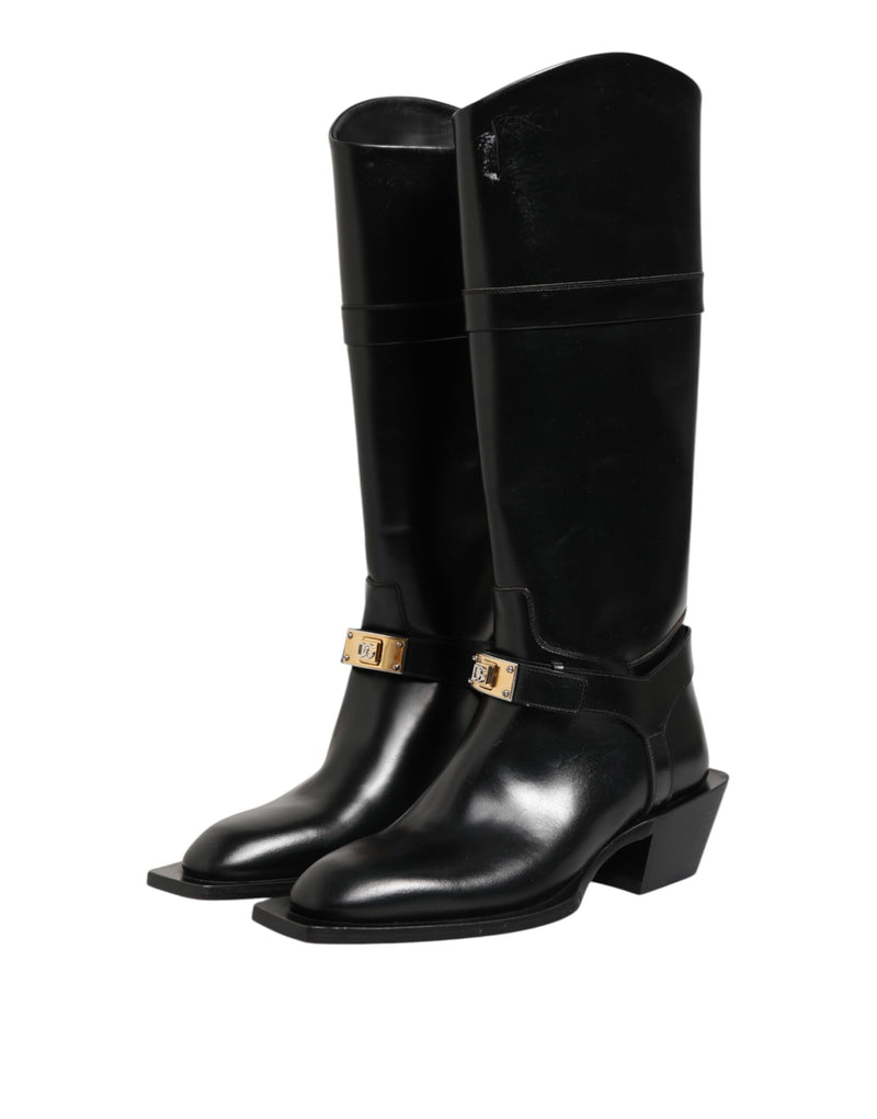 Dolce & Gabbana Black Logo Plaque Over The Calf Boots
