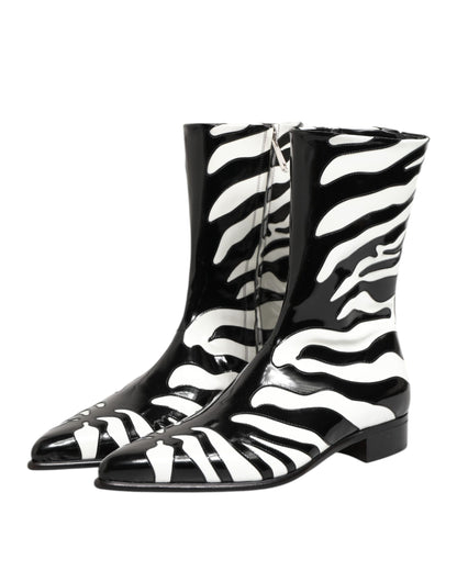 Dolce &amp; Gabbana Zwart Wit Zebra Leren Halfhoge Laarzen