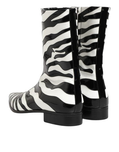 Dolce &amp; Gabbana Zwart Wit Zebra Leren Halfhoge Laarzen