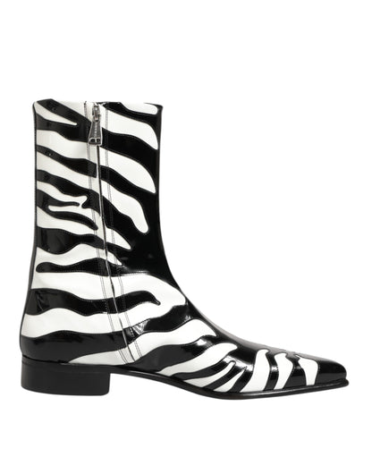 Dolce &amp; Gabbana Zwart Wit Zebra Leren Halfhoge Laarzen
