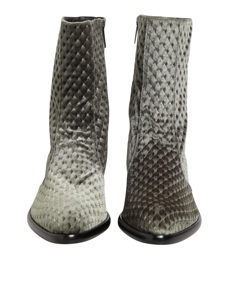 Dolce & Gabbana Gray Cotton Velvet Mid Calf Boots