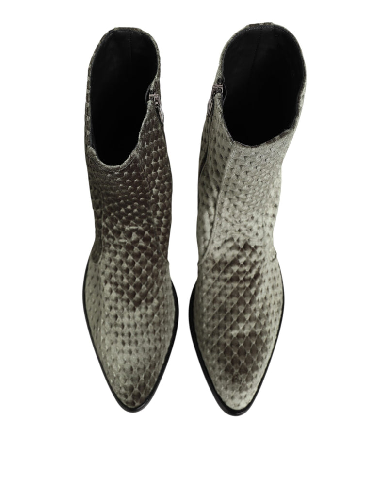 Dolce & Gabbana Gray Cotton Velvet Mid Calf Boots