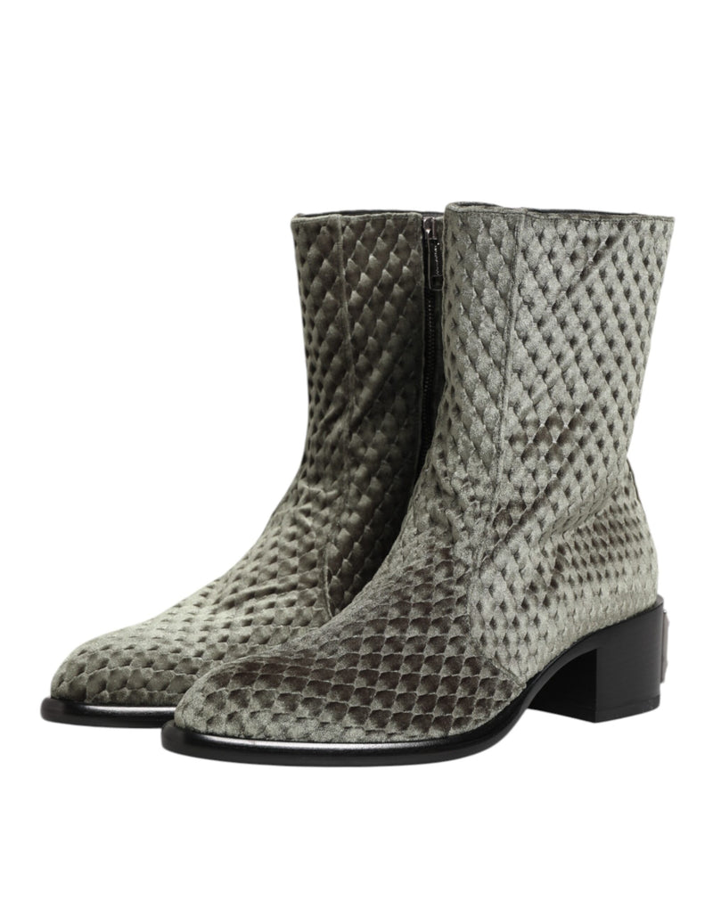 Dolce & Gabbana Gray Cotton Velvet Mid Calf Boots
