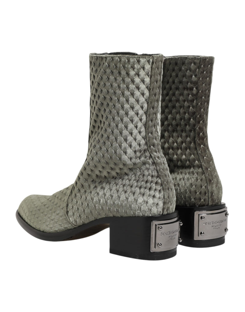 Dolce & Gabbana Gray Cotton Velvet Mid Calf Boots