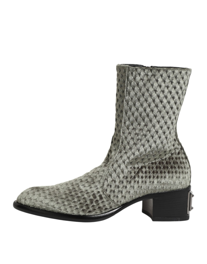 Dolce & Gabbana Gray Cotton Velvet Mid Calf Boots