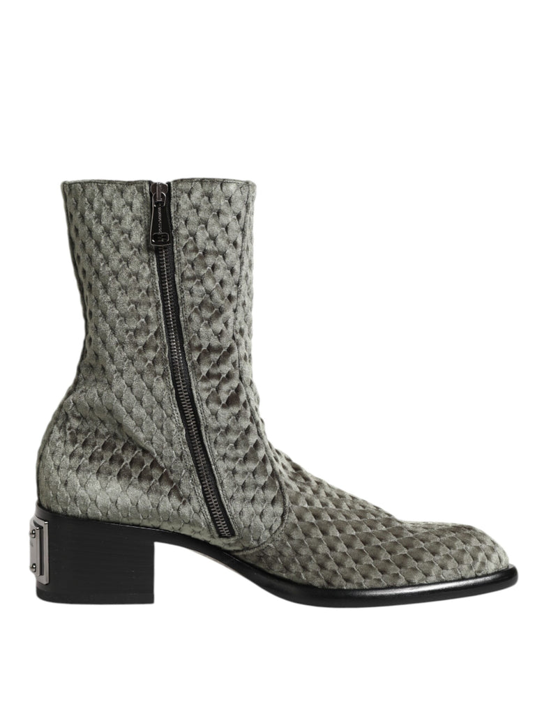 Dolce & Gabbana Gray Cotton Velvet Mid Calf Boots