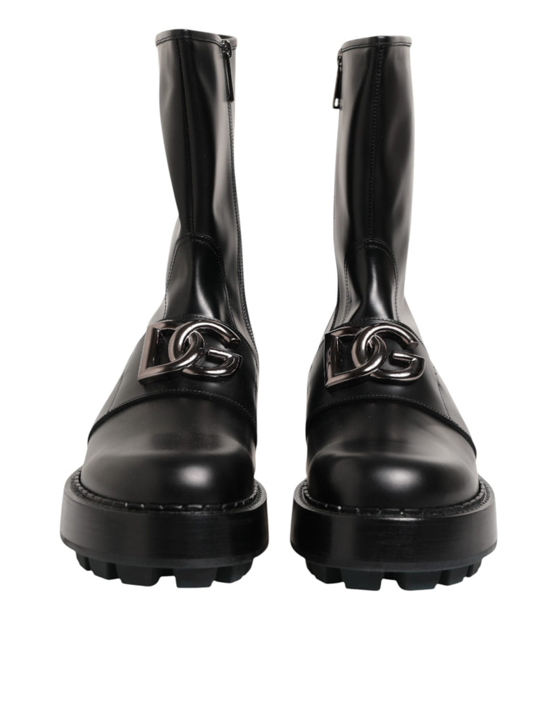 Dolce & Gabbana Black Logo Plaque Mid Calf Biker Boots