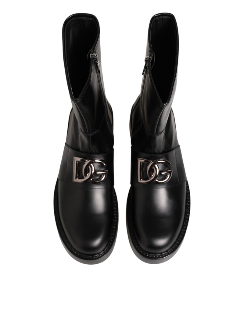 Dolce & Gabbana Black Logo Plaque Mid Calf Biker Boots