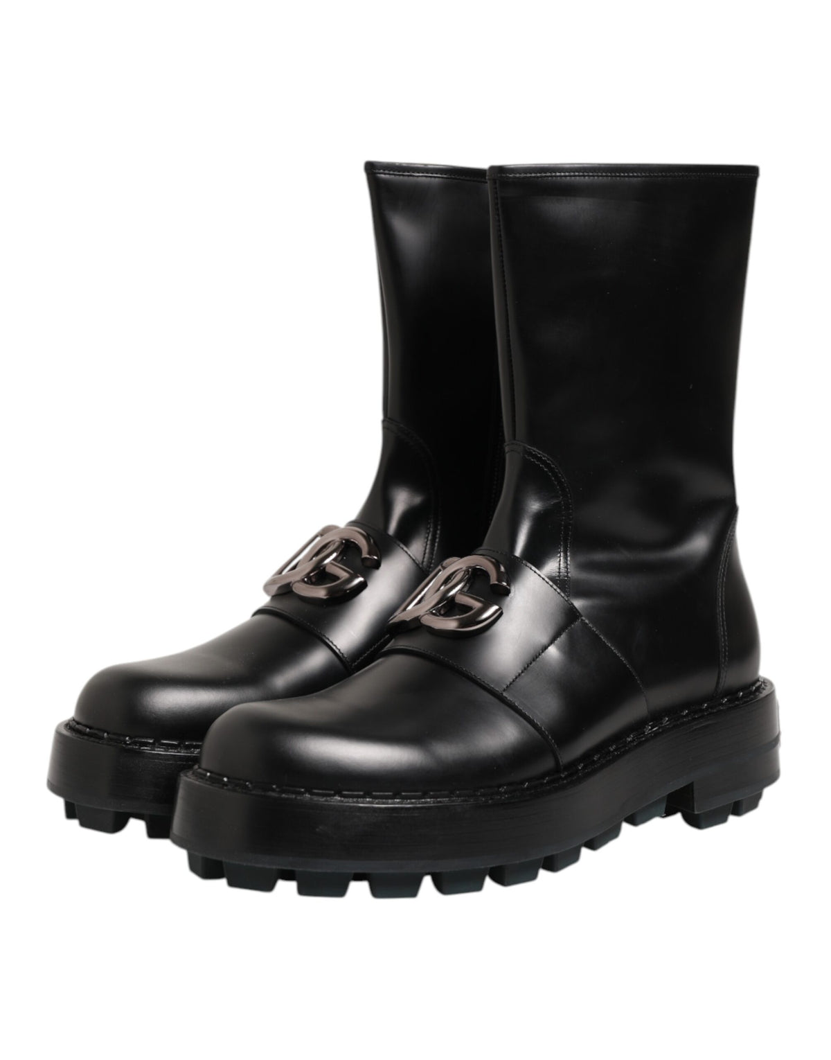 Dolce & Gabbana Black Logo Plaque Mid Calf Biker Boots