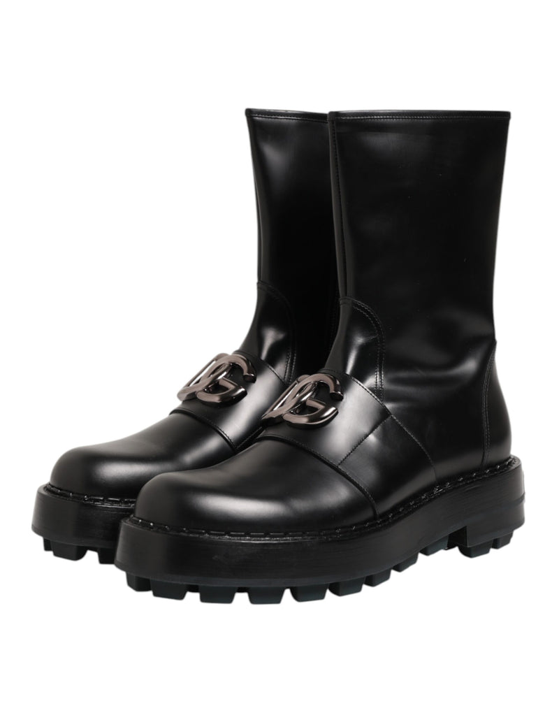 Dolce & Gabbana Black Logo Plaque Mid Calf Biker Boots