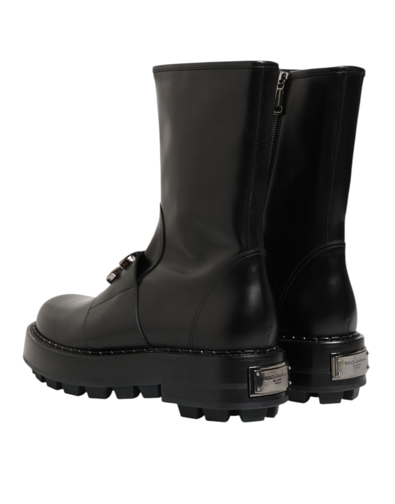 Dolce & Gabbana Black Logo Plaque Mid Calf Biker Boots