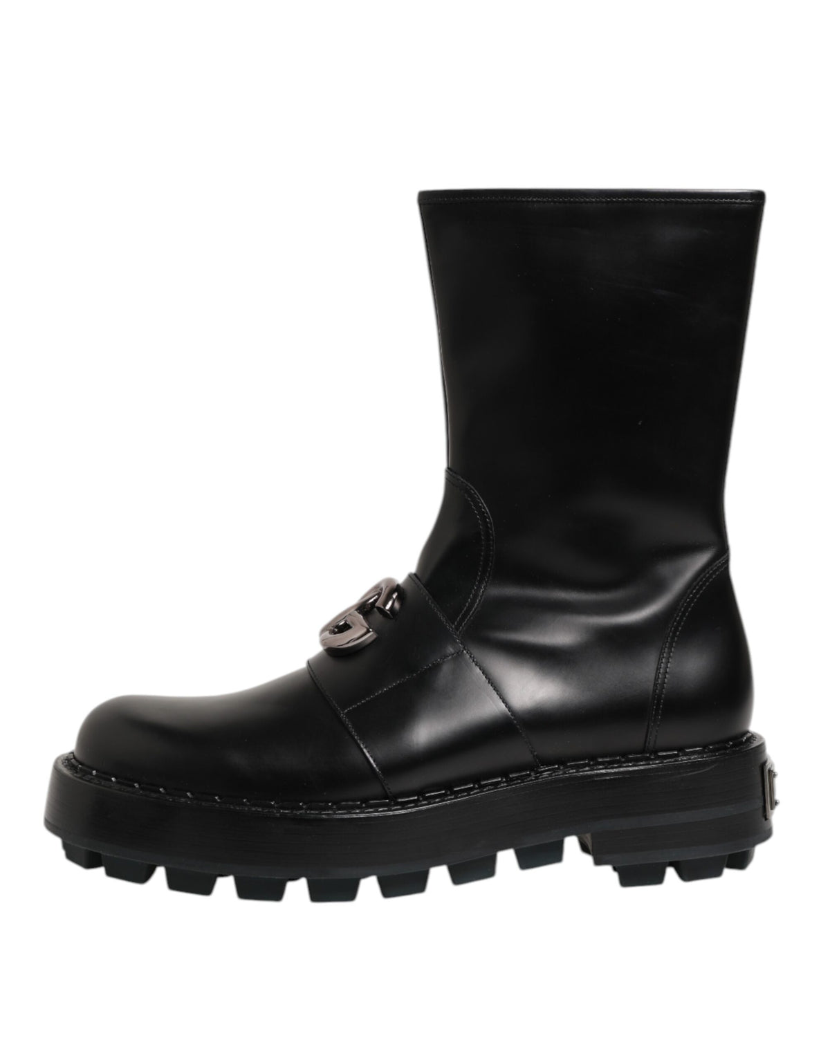 Dolce & Gabbana Black Logo Plaque Mid Calf Biker Boots