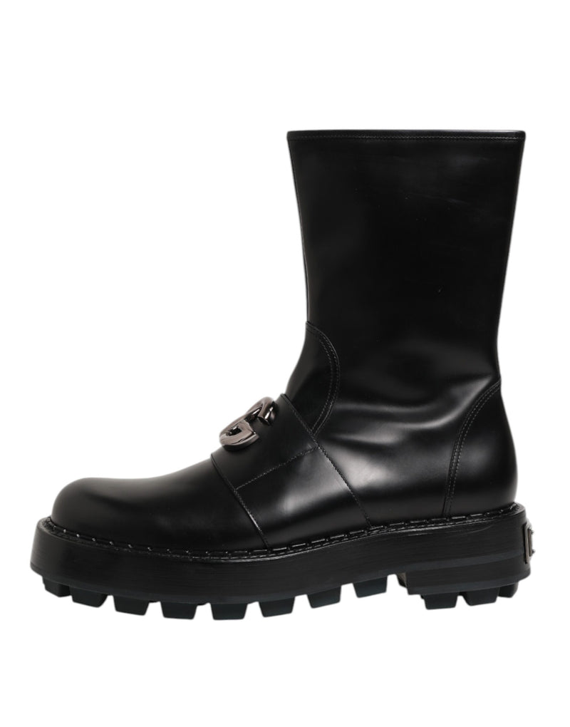 Dolce & Gabbana Black Logo Plaque Mid Calf Biker Boots