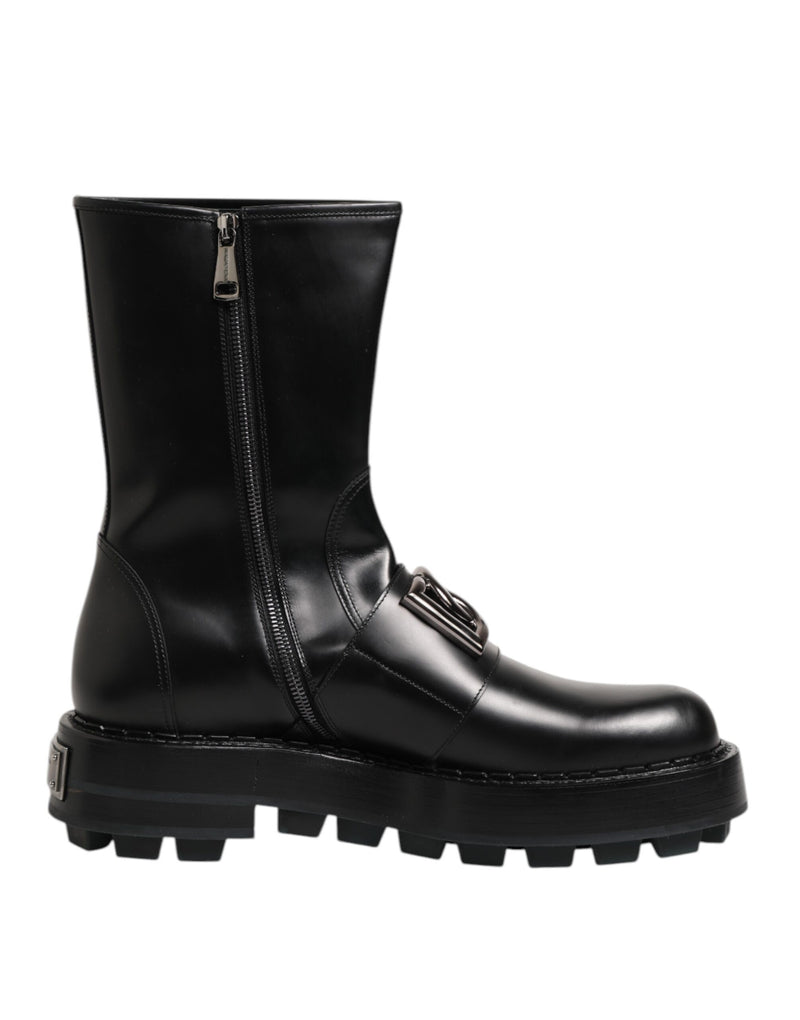 Dolce & Gabbana Black Logo Plaque Mid Calf Biker Boots