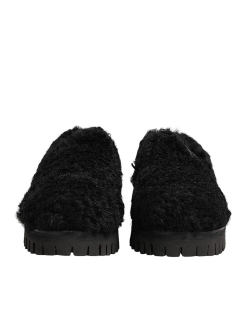 Dolce & Gabbana Black Fur Leather Slippers for Men