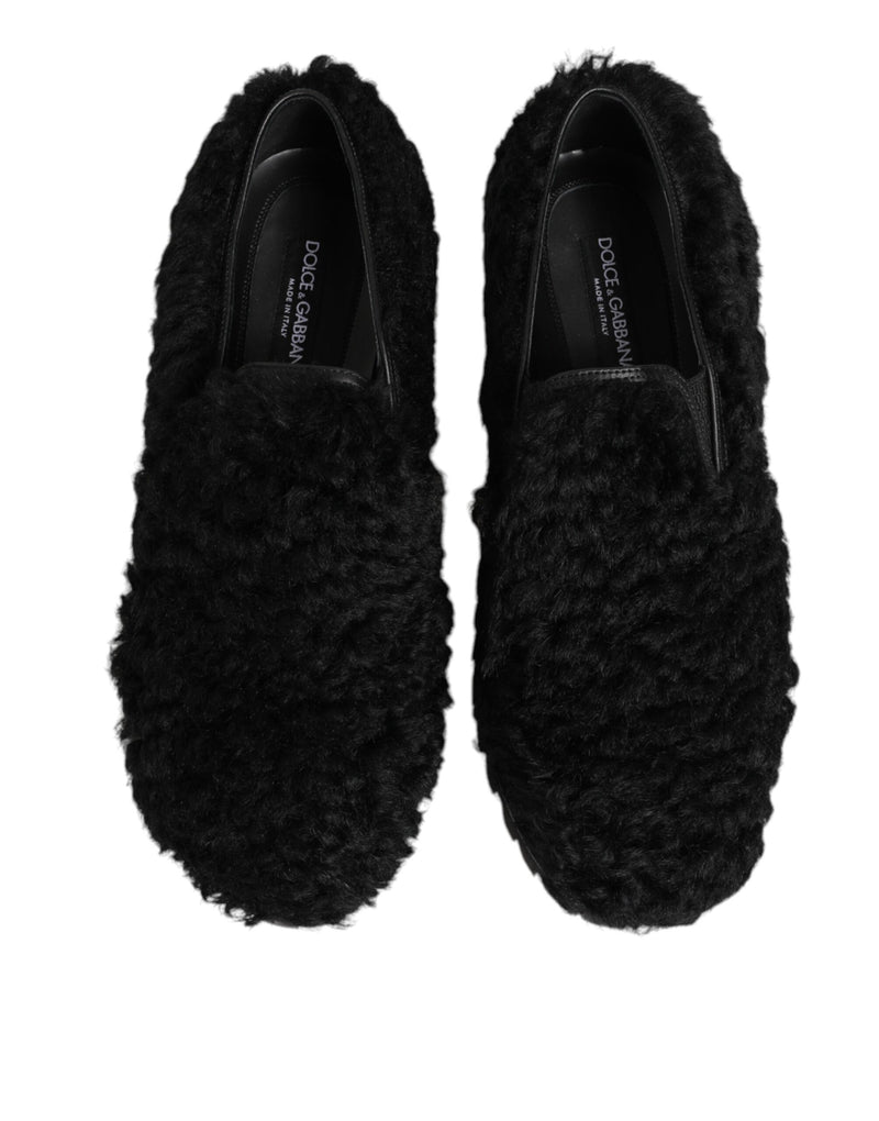 Dolce & Gabbana Black Fur Leather Slippers for Men