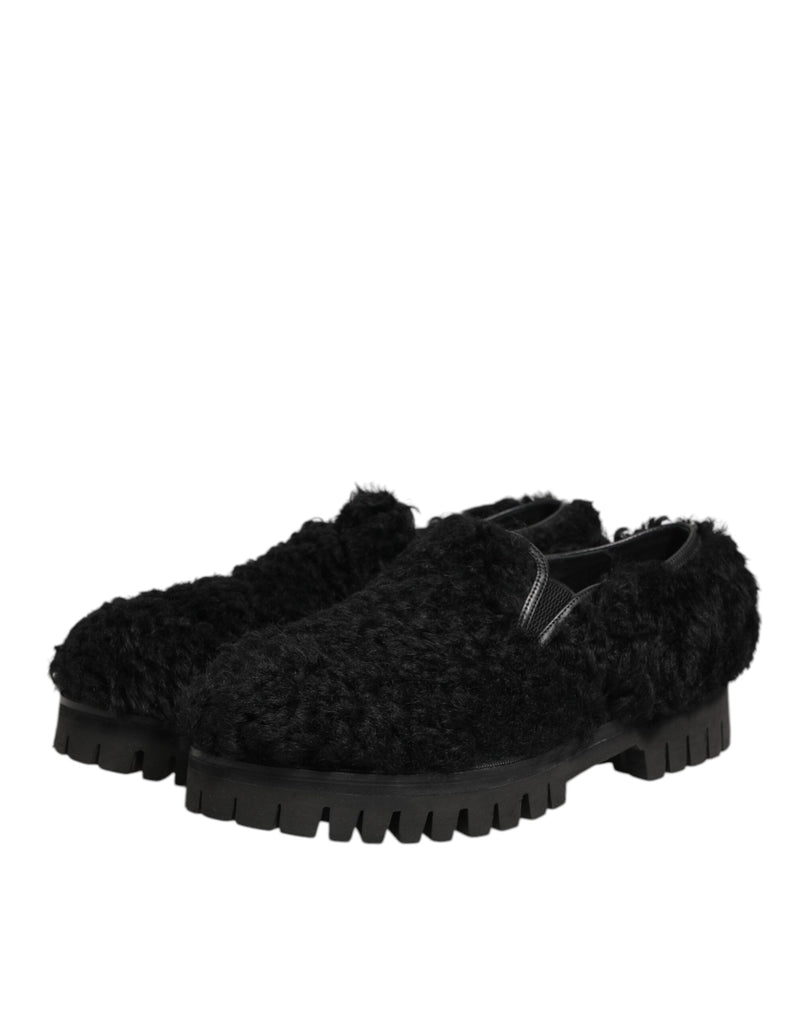 Dolce & Gabbana Black Fur Leather Slippers for Men