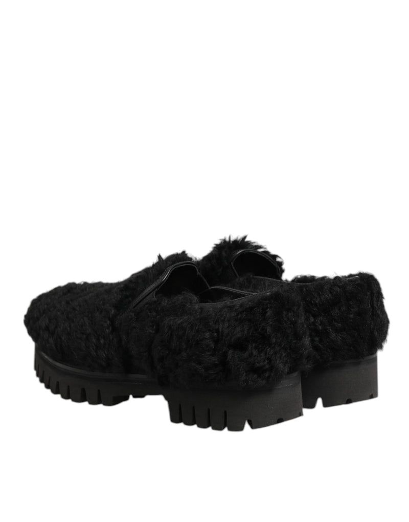 Dolce & Gabbana Black Fur Leather Slippers for Men
