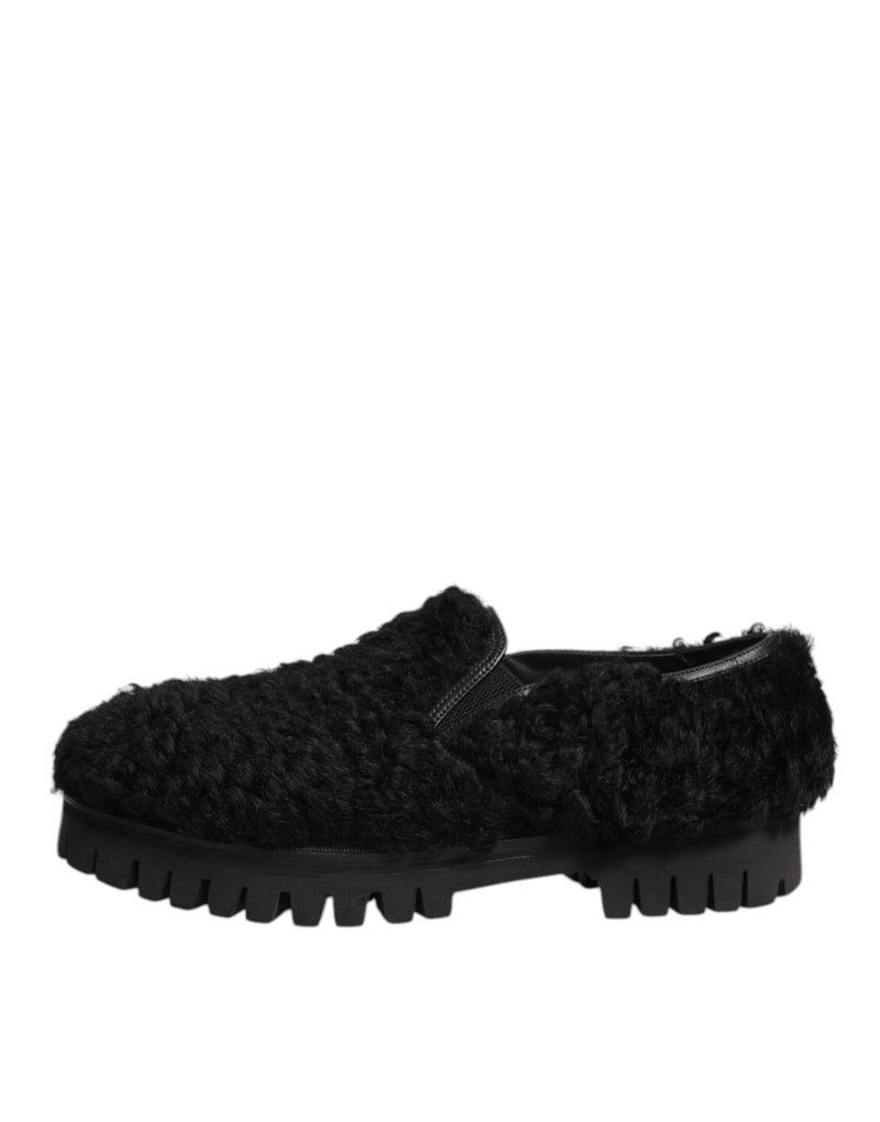 Dolce & Gabbana Black Fur Leather Slippers for Men