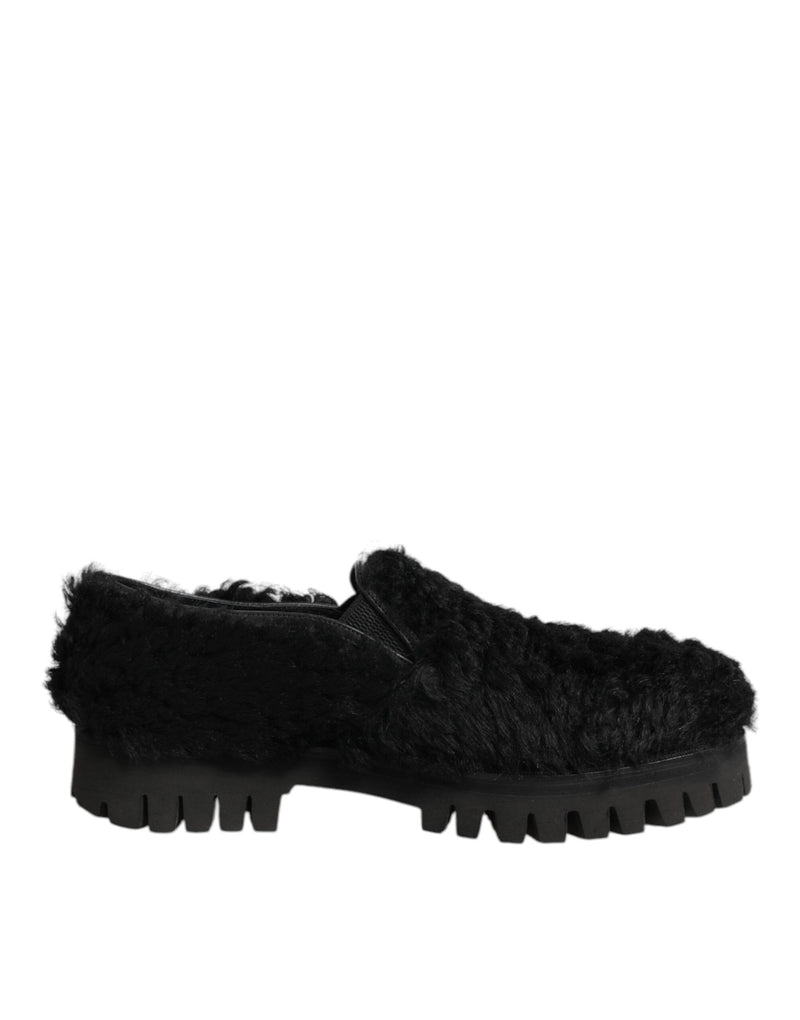 Dolce & Gabbana Black Fur Leather Slippers for Men
