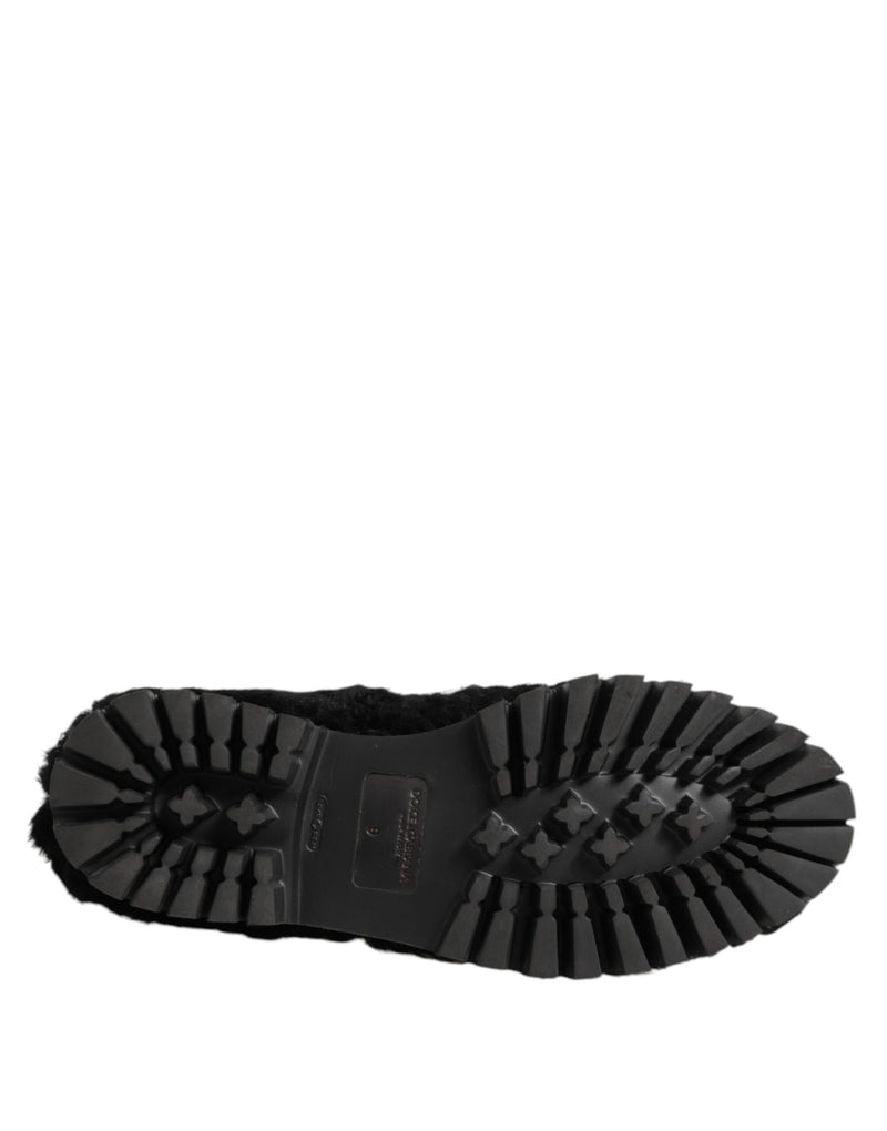 Dolce & Gabbana Black Fur Leather Slippers for Men