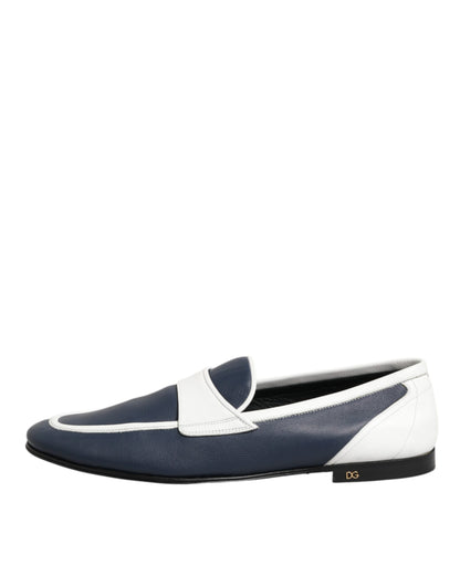 Dolce & Gabbana White Blue Leather Slip On Loafers Men Formal Shoes