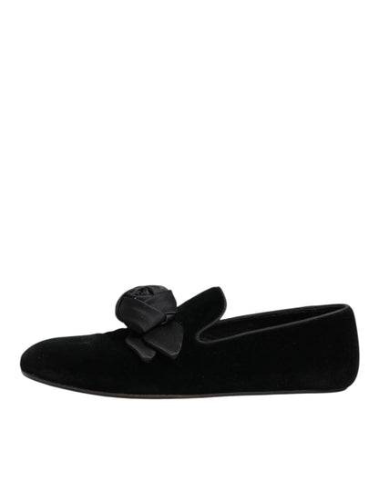 Dolce & Gabbana Black Suede Cotton Rose Slip On Loafers Shoes