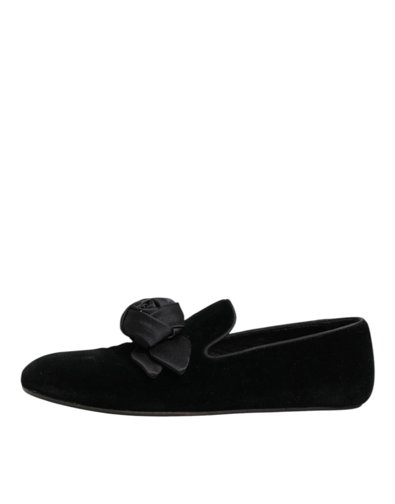 Dolce & Gabbana Black Suede Cotton Rose Slip-On Loafers