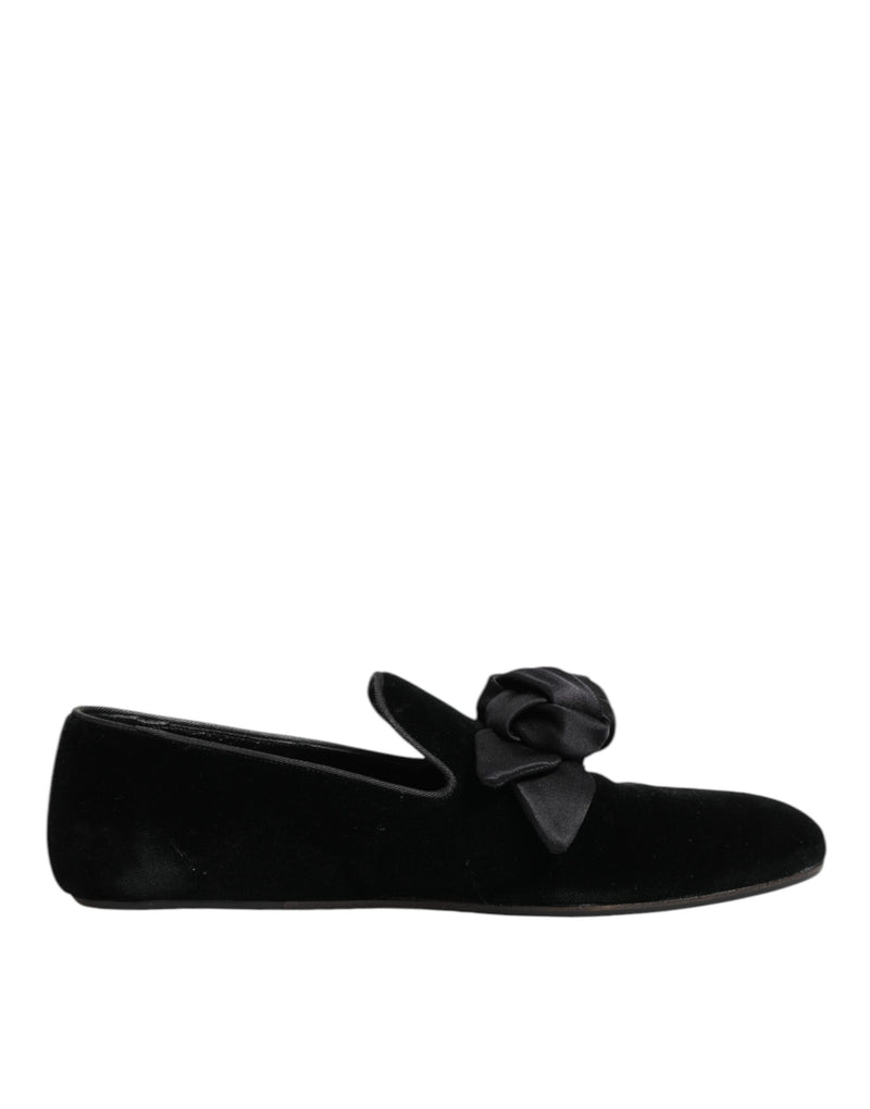 Dolce & Gabbana Black Suede Cotton Rose Slip-On Loafers