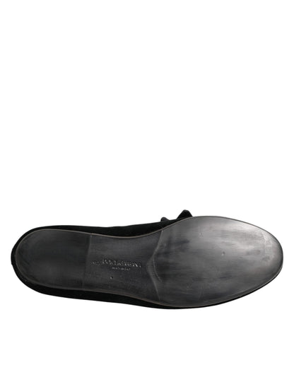 Dolce & Gabbana Black Suede Cotton Rose Slip On Loafers Shoes