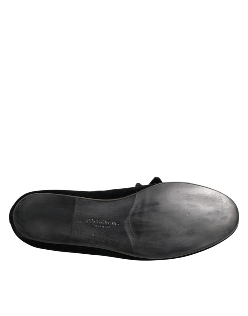 Dolce & Gabbana Black Suede Cotton Rose Slip-On Loafers