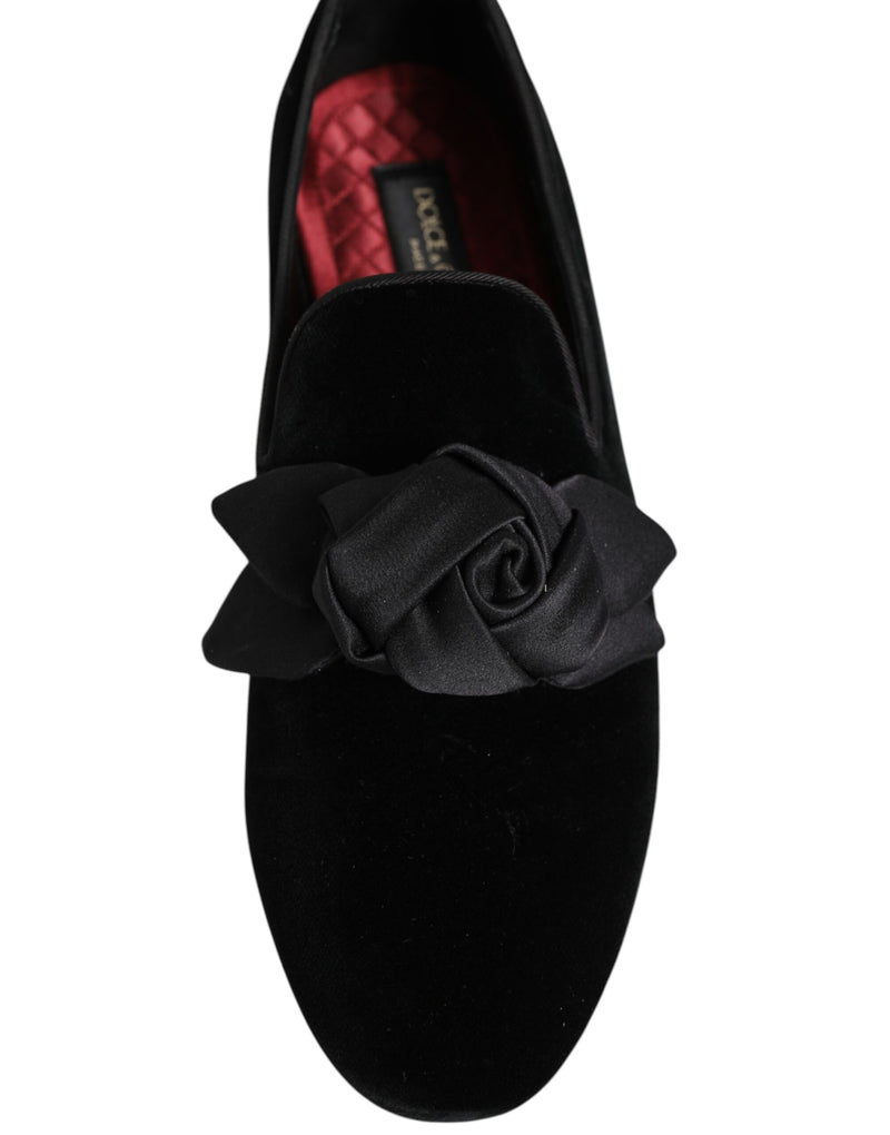 Dolce & Gabbana Black Suede Cotton Rose Slip-On Loafers