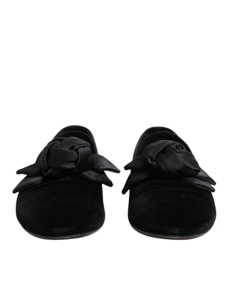 Dolce & Gabbana Black Suede Cotton Rose Slip-On Loafers