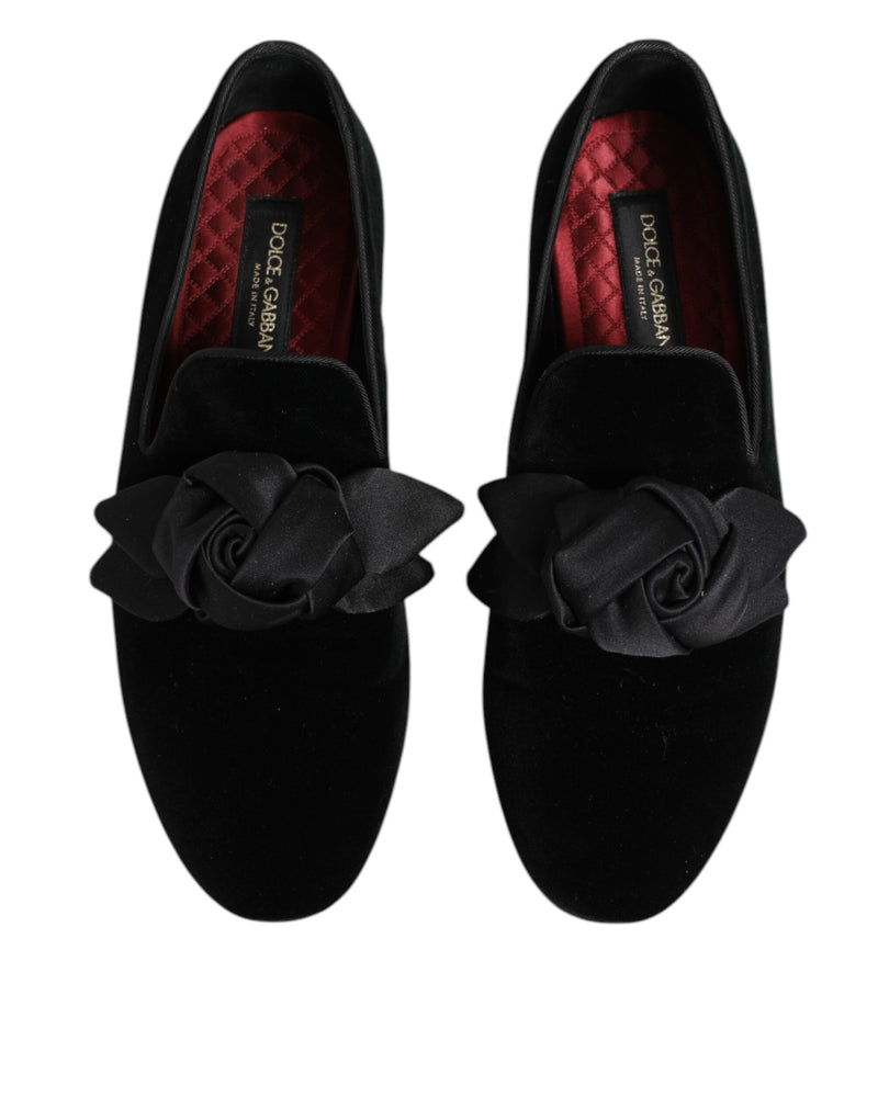 Dolce & Gabbana Black Suede Cotton Rose Slip-On Loafers