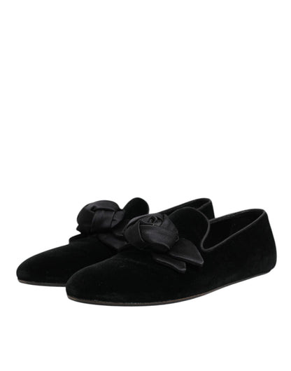 Dolce & Gabbana Black Suede Cotton Rose Slip On Loafers Shoes