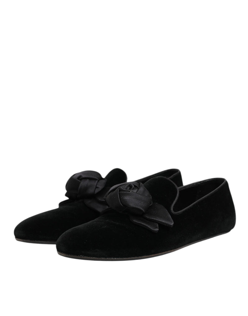 Dolce & Gabbana Black Suede Cotton Rose Slip-On Loafers