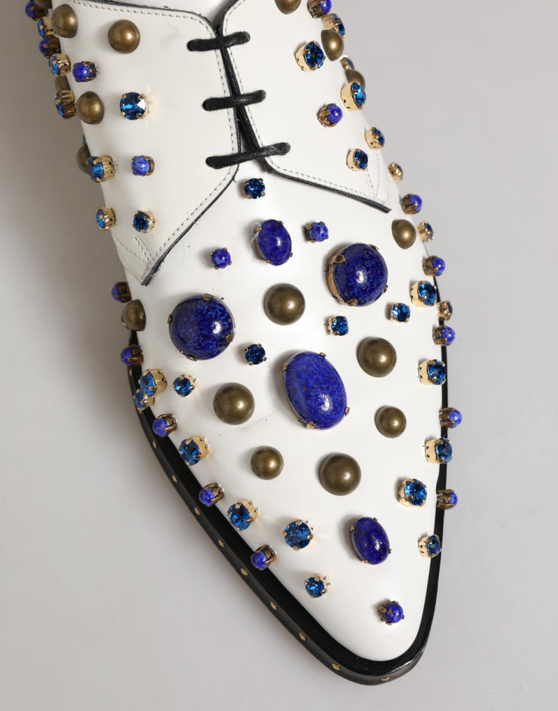 Dolce & Gabbana White Leather Crystals Embellished Derby Shoes