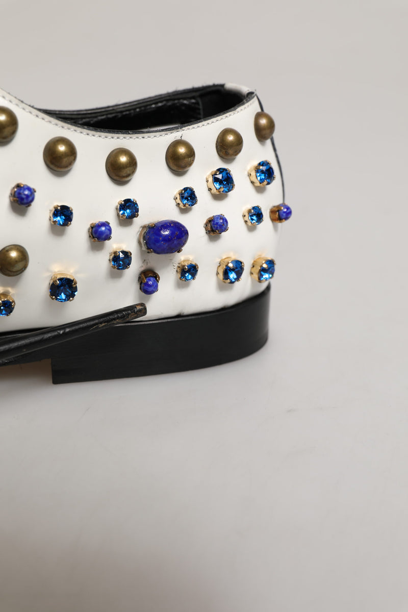 Dolce & Gabbana White Leather Crystals Embellished Derby Shoes