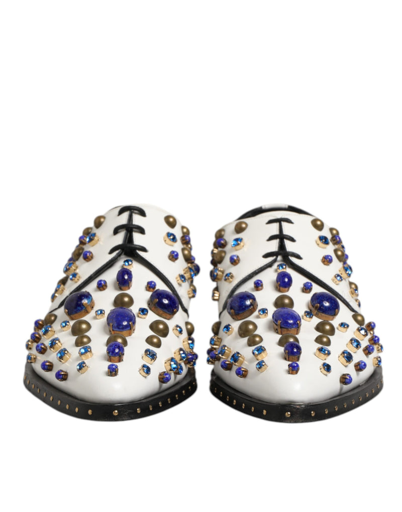 Dolce & Gabbana White Leather Crystals Embellished Derby Shoes