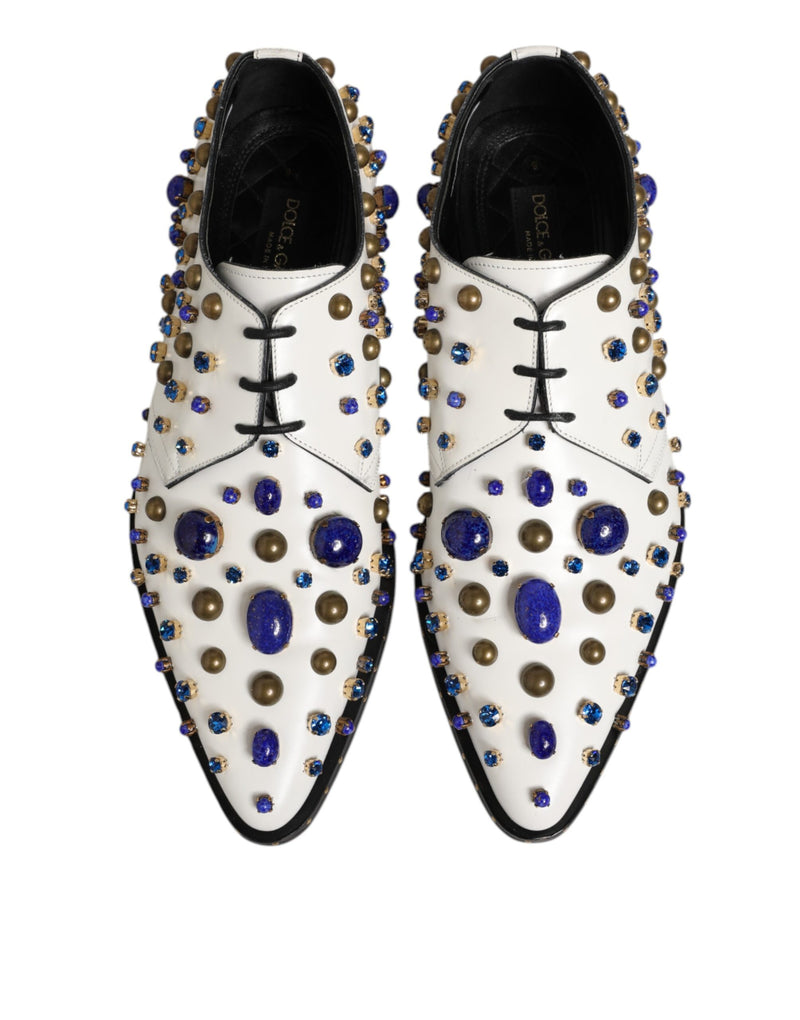 Dolce & Gabbana White Leather Crystals Embellished Derby Shoes